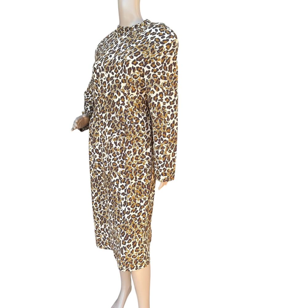 ST JOHN Fall 2022 Silk Blend Leopard Print Mock Neck Shoulder Pad Dress Size 10